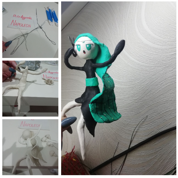 Этап 3. Изо всех сил пытаюсь смастерить мелоэтту. Делаю скелет из проволоки, придаю ему форму, леплю тело из полимерной глины, рыдаю и психую, раскрашиваю акрилом.